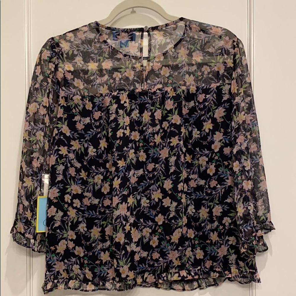 Navy Floral Print Ruffle Bouse - Picture 7 of 8